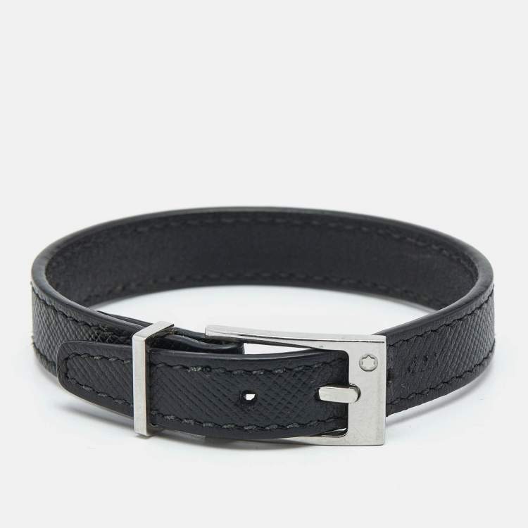 Pre Owned Montblanc Black Leather Silver Tone Bracelet