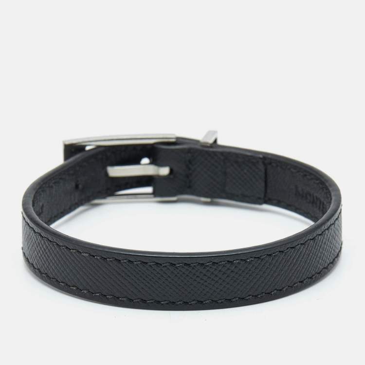 Pre Owned Montblanc Black Leather Silver Tone Bracelet