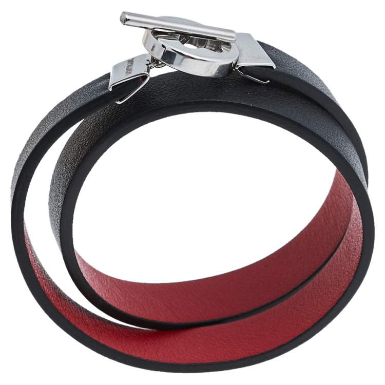 Pre Owned Montblanc Bicolor Leather Steel Snowcap Reversible Toggle Bracelet 58