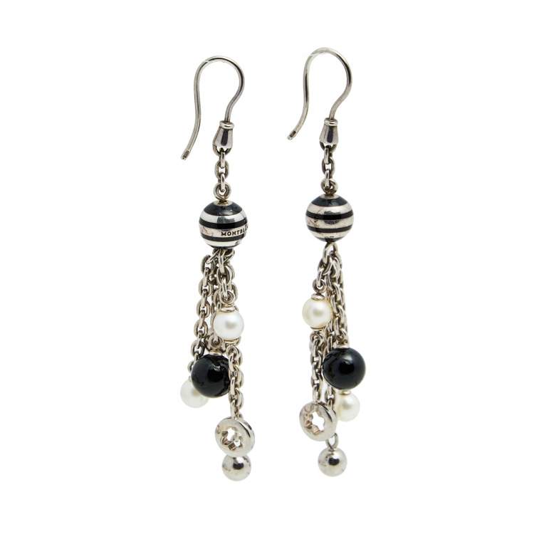 Pre Owned Montblanc Sterling Silver Pearl & Onyx Drop Earrings