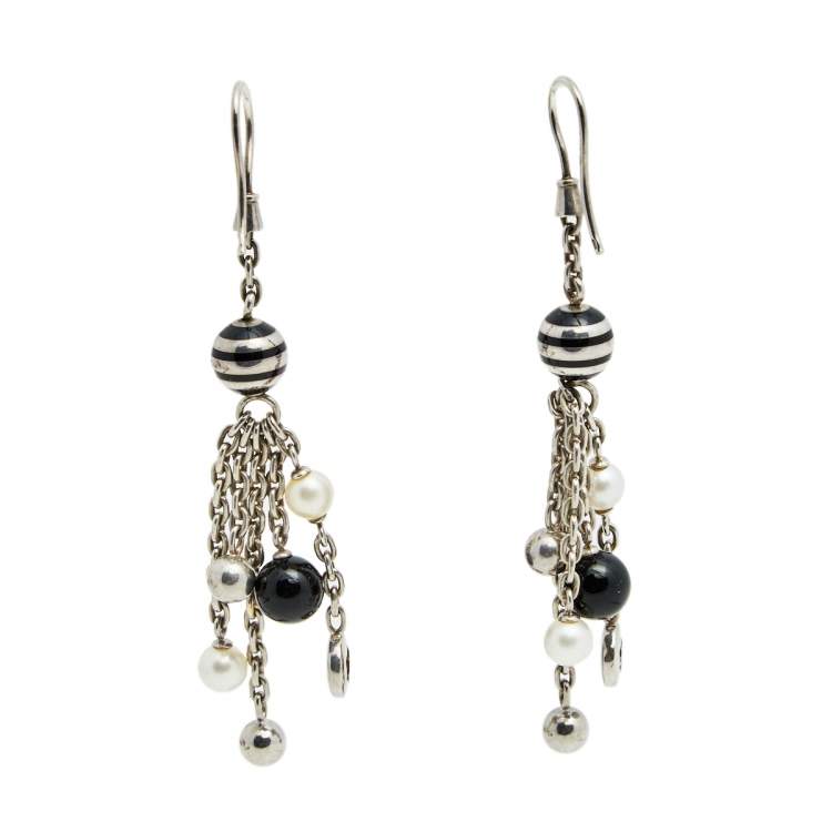 Pre Owned Montblanc Sterling Silver Pearl & Onyx Drop Earrings