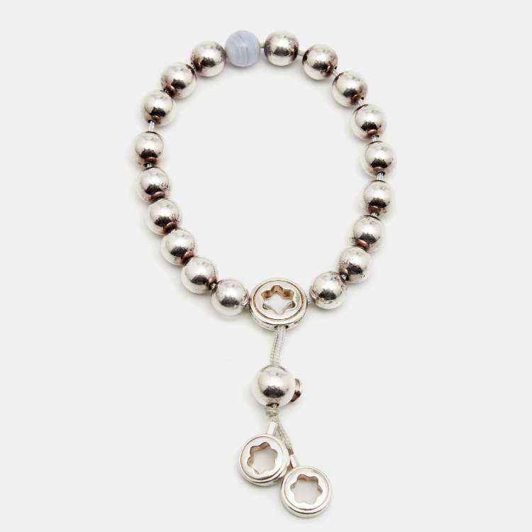 Pre Owned Montblanc Star Collection Blue Quartz Sterling Silver Bead Adjustable Bracelet