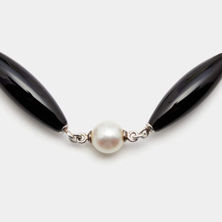 Pre Owned Montblanc Mother Of Pearl Onyx Sterling Silver Station Bracelet
