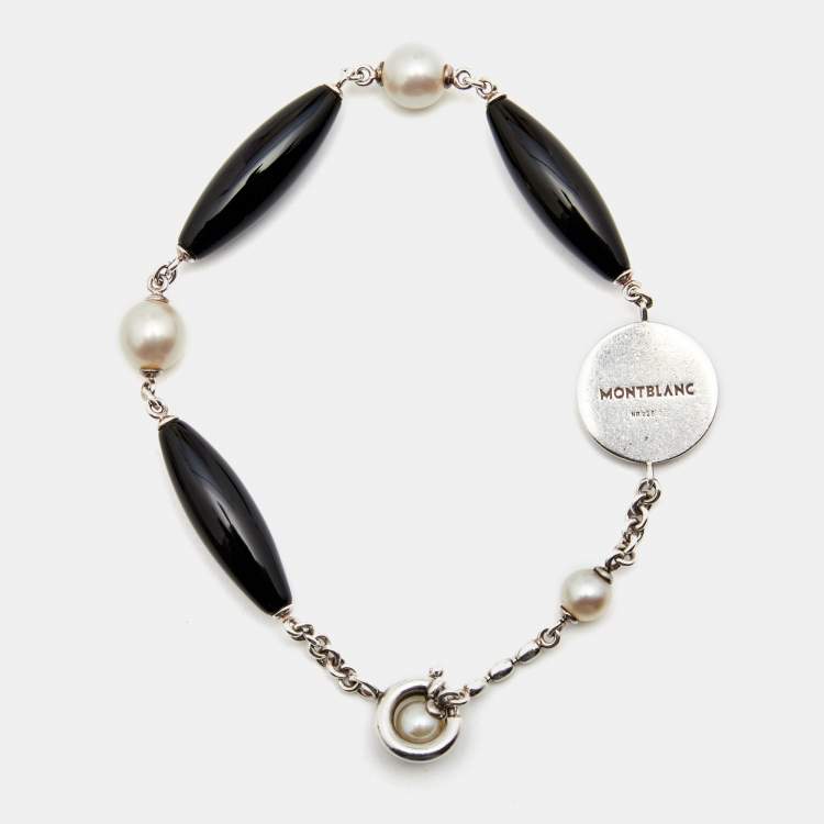 Pre Owned Montblanc Mother Of Pearl Onyx Sterling Silver Station Bracelet