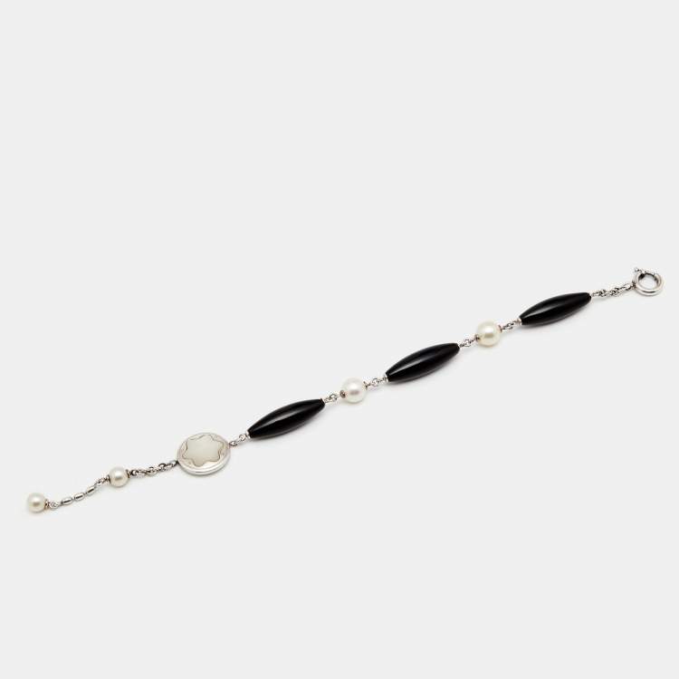 Pre Owned Montblanc Mother Of Pearl Onyx Sterling Silver Station Bracelet