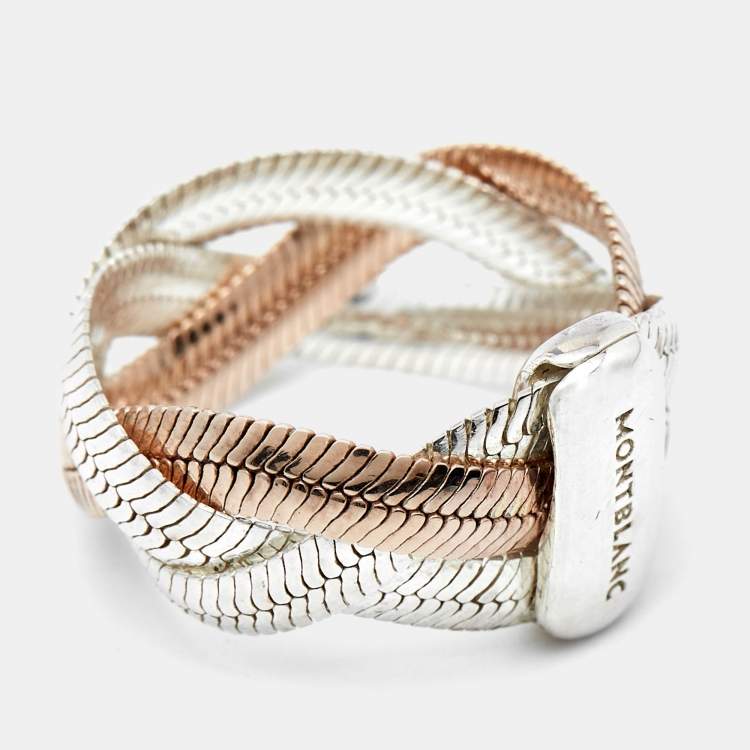 Pre Owned Montblanc Two Tone Sterling Silver Braided Band Ring Size EU 54