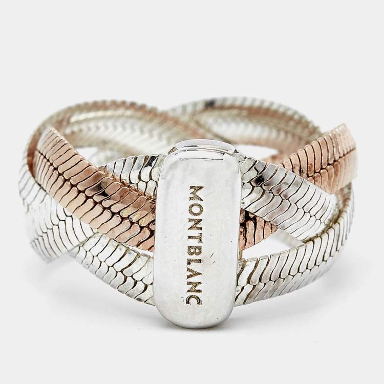 Pre Owned Montblanc Two Tone Sterling Silver Braided Band Ring Size EU 54