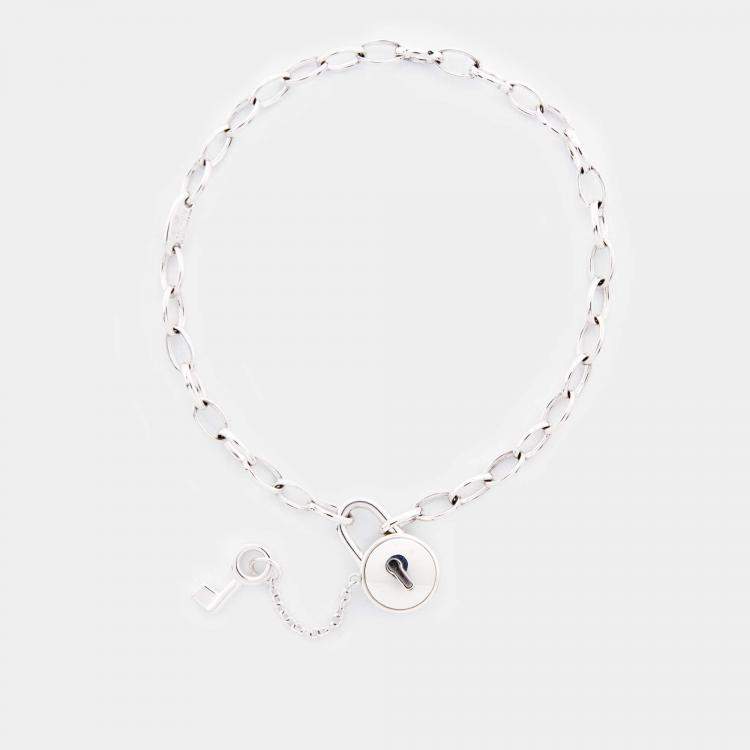 Pre Owned Montblanc Lock Key Mother of Pearl Sterling Silver Chain Link Bracelet
