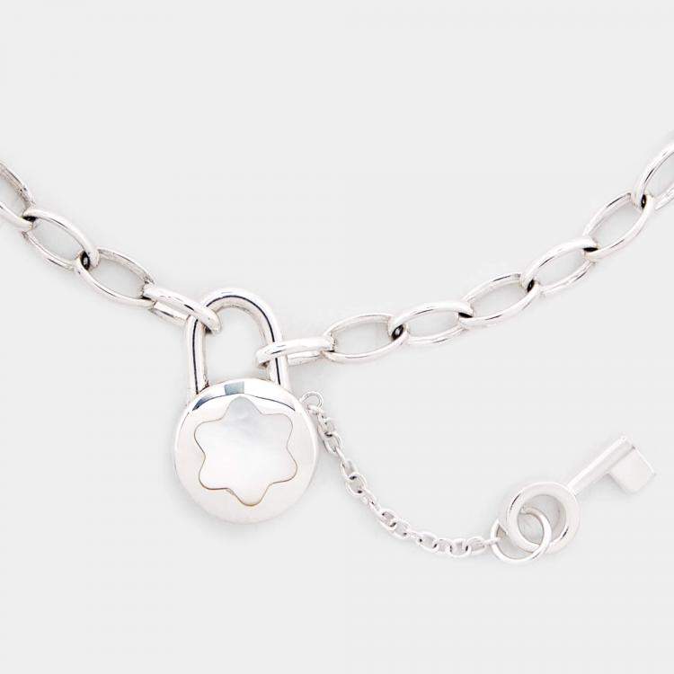 Pre Owned Montblanc Lock Key Mother of Pearl Sterling Silver Chain Link Bracelet