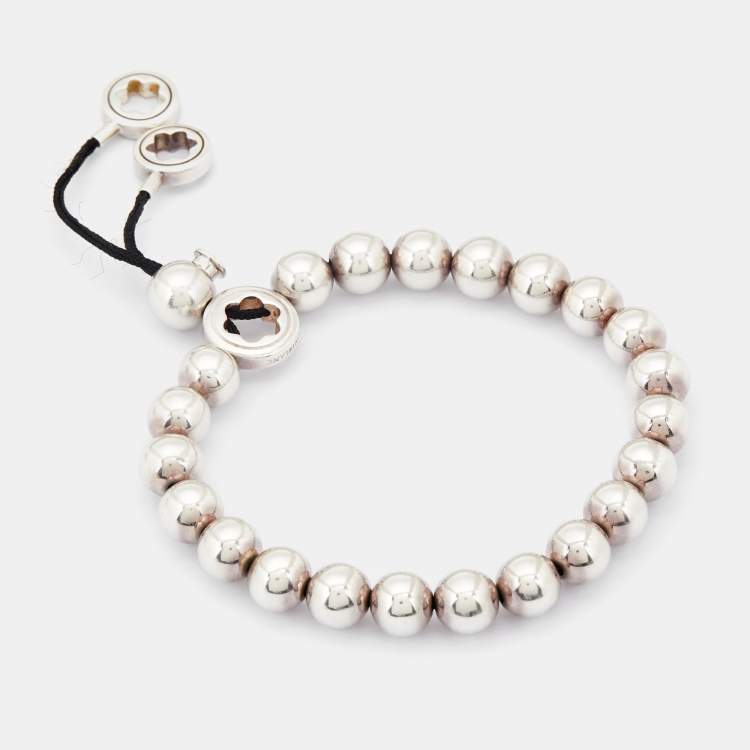 Pre Owned Montblanc Star Beads Black Cord Silver Bracelet