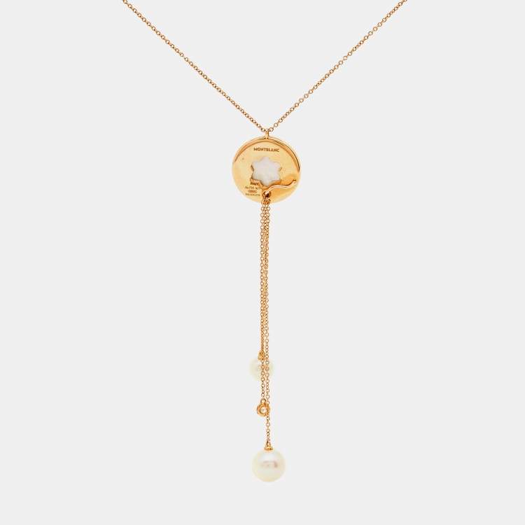 Pre Owned Montblanc Signet Mother of Pearl Diamond Cultured Pearl 18k Rose Gold Tassel Pendant Necklace