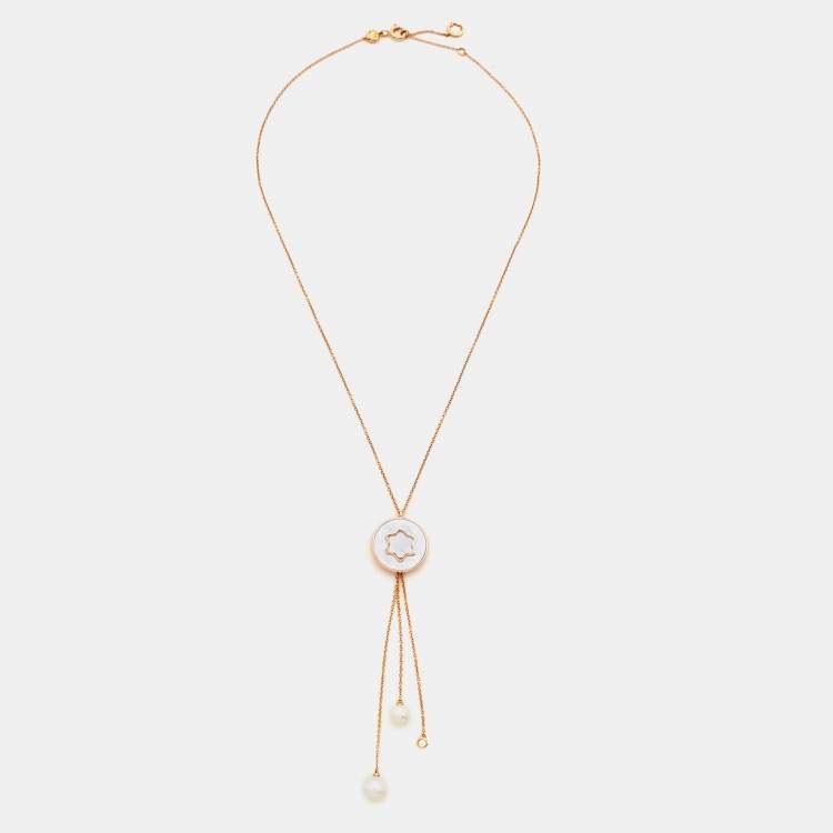 Pre Owned Montblanc Signet Mother of Pearl Diamond Cultured Pearl 18k Rose Gold Tassel Pendant Necklace