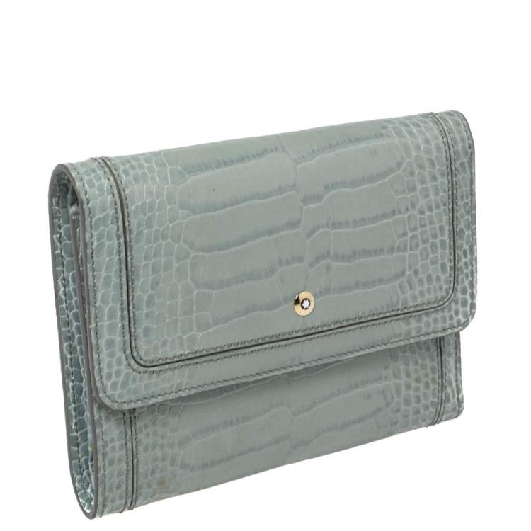 Pre Owned Montblanc Blue Croc Embossed Leather Trifold Wallet