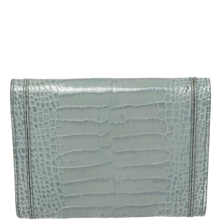 Pre Owned Montblanc Blue Croc Embossed Leather Trifold Wallet