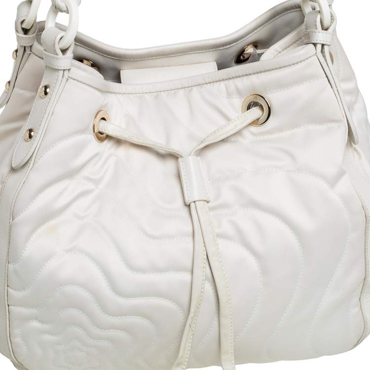 Pre Owned Montblanc Off White Nylon and Leather Starisma Dalila Drawstring Hobo