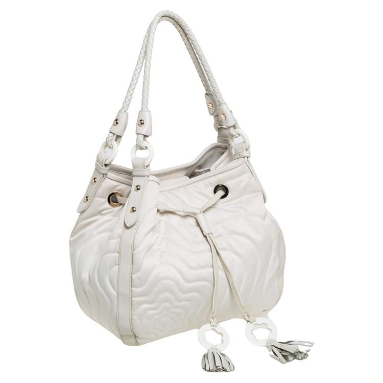 Pre Owned Montblanc Off White Nylon and Leather Starisma Dalila Drawstring Hobo