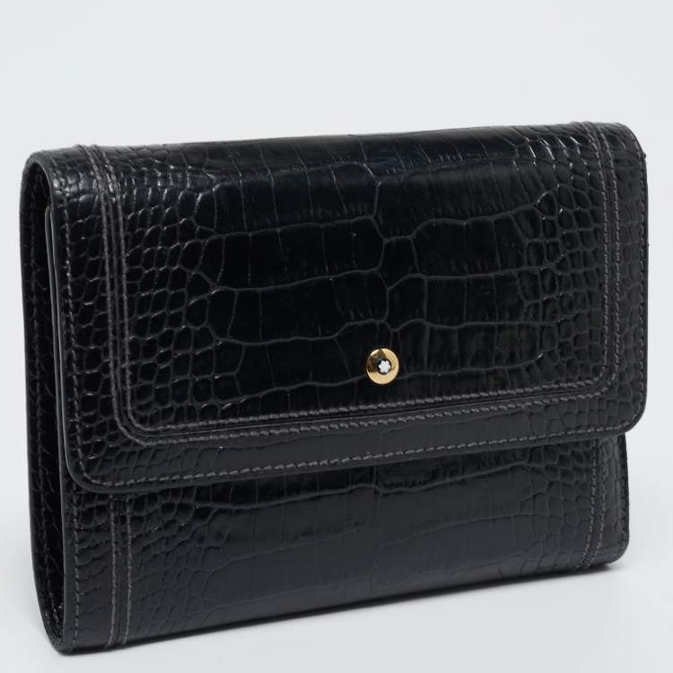Pre Owned Montblanc Black Croc Embossed Leather Trifold Wallet