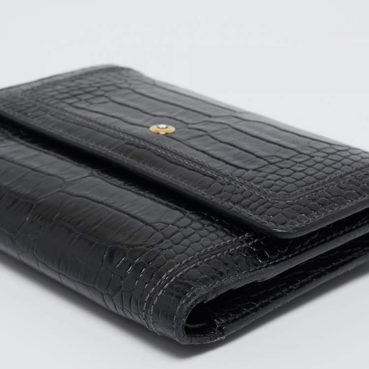 Pre Owned Montblanc Black Croc Embossed Leather Trifold Wallet