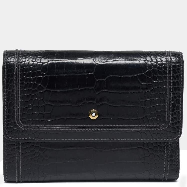 Pre Owned Montblanc Black Croc Embossed Leather Trifold Wallet