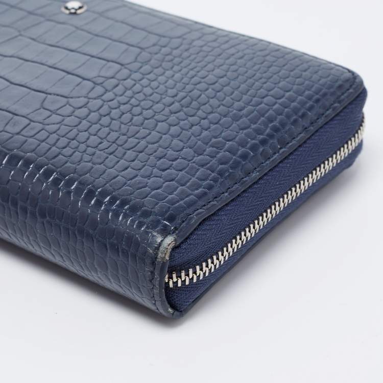 Pre Owned Montblanc Blue Croc Embossed Leather Meisterstuck Zip Around Wallet