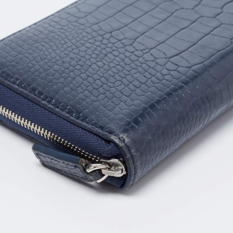 Pre Owned Montblanc Blue Croc Embossed Leather Meisterstuck Zip Around Wallet