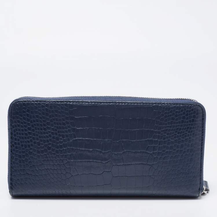 Pre Owned Montblanc Blue Croc Embossed Leather Meisterstuck Zip Around Wallet