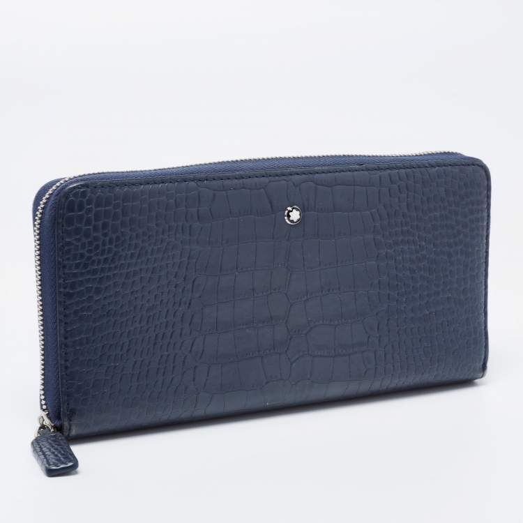 Pre Owned Montblanc Blue Croc Embossed Leather Meisterstuck Zip Around Wallet