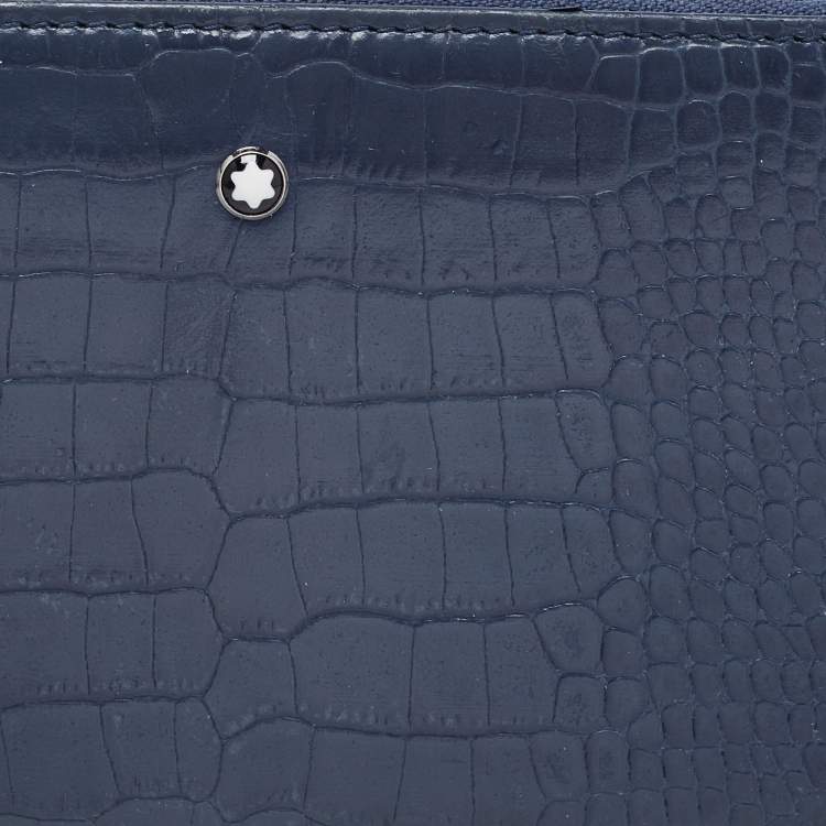 Pre Owned Montblanc Blue Croc Embossed Leather Meisterstuck Zip Around Wallet