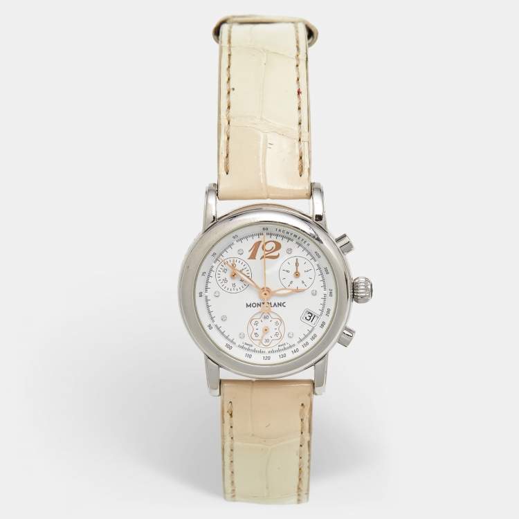 Pre Owned Montblanc White Stainless Steel Leather Mini Star 7039 Women's Wristwatch 32 mm