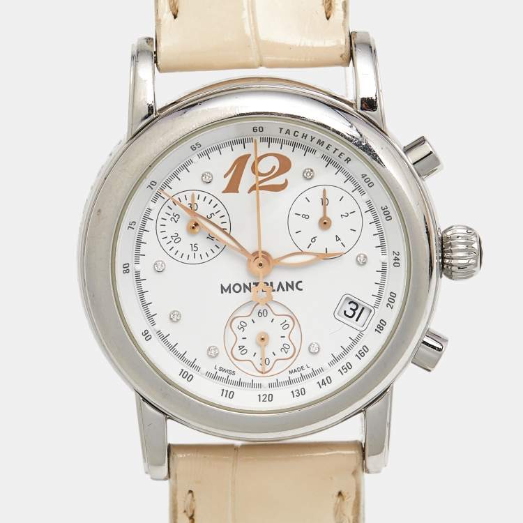 Pre Owned Montblanc White Stainless Steel Leather Mini Star 7039 Women's Wristwatch 32 mm