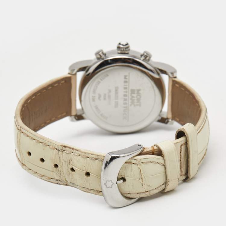 Pre Owned Montblanc White Stainless Steel Leather Mini Star 7039 Women's Wristwatch 32 mm
