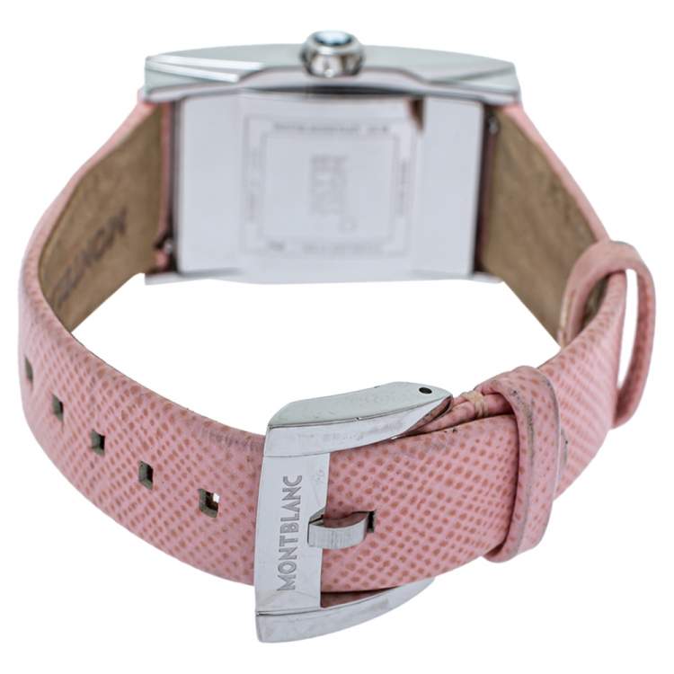 Pre Owned Montblanc Opaline White Stainless Steel Leather Profile 7077 Women's Wristwatch 23 mm