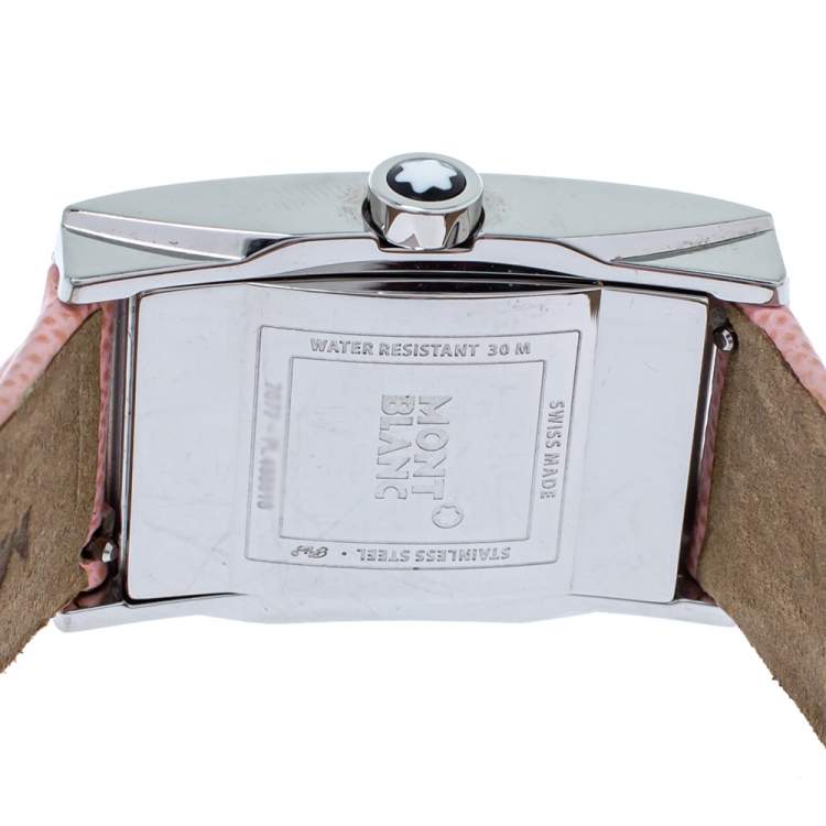 Pre Owned Montblanc Opaline White Stainless Steel Leather Profile 7077 Women's Wristwatch 23 mm