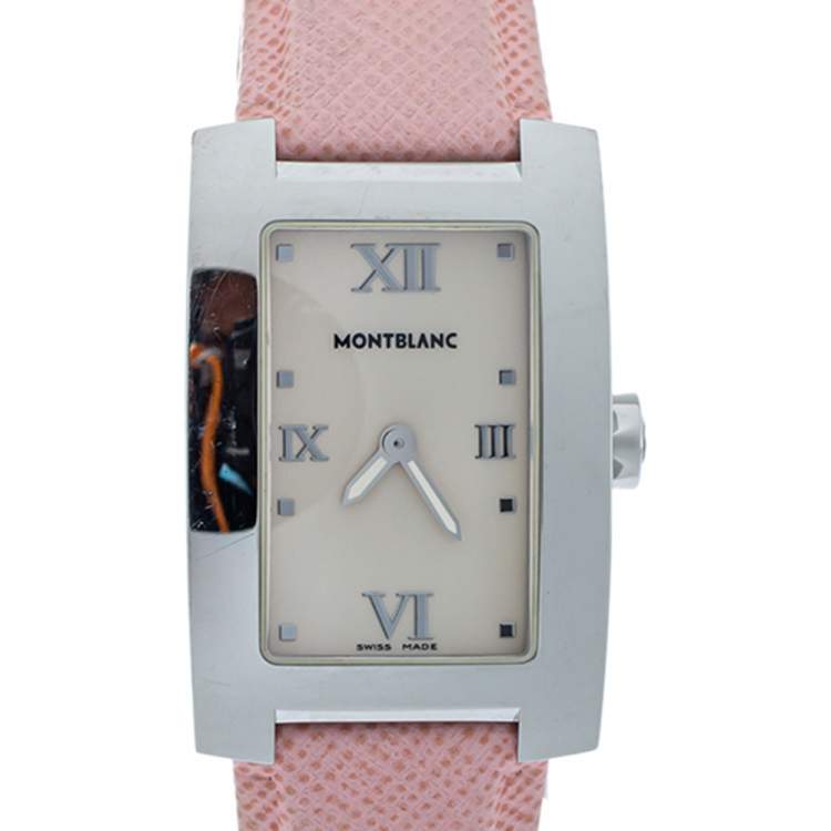 Pre Owned Montblanc Opaline White Stainless Steel Leather Profile 7077 Women's Wristwatch 23 mm