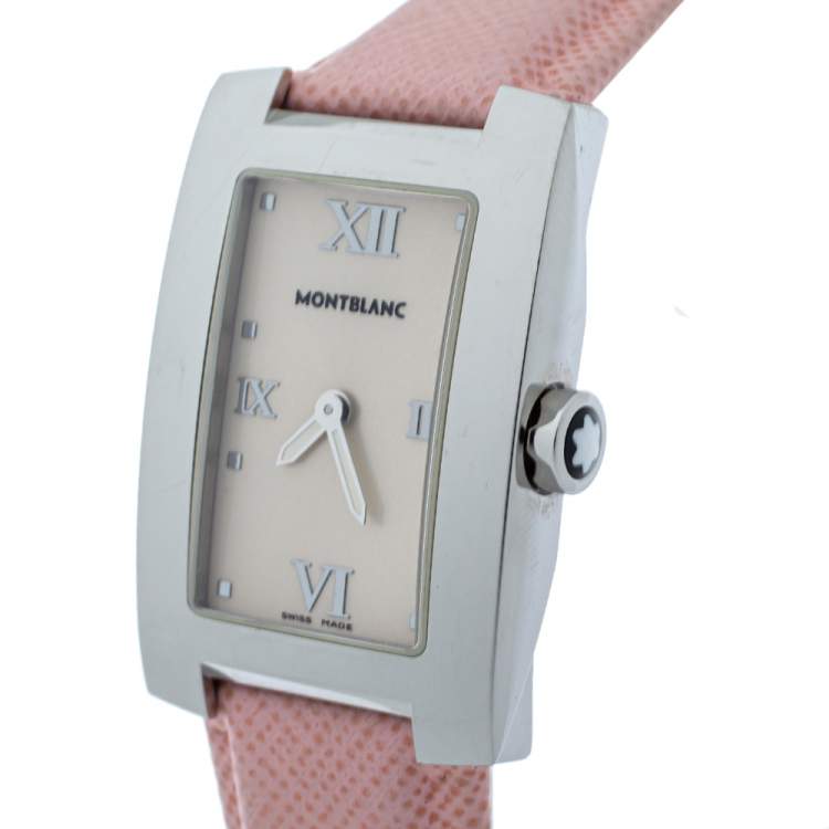 Pre Owned Montblanc Opaline White Stainless Steel Leather Profile 7077 Women's Wristwatch 23 mm