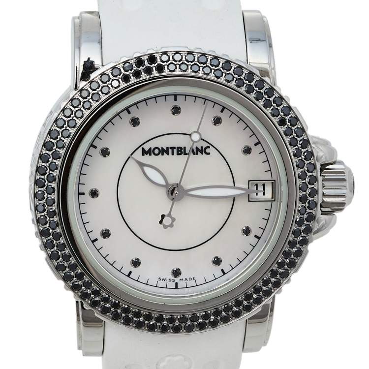 Pre Owned Montblanc MOP Diamonds Stainless Steel Rubber Sport 9650 Women's Wristwatch 34MM