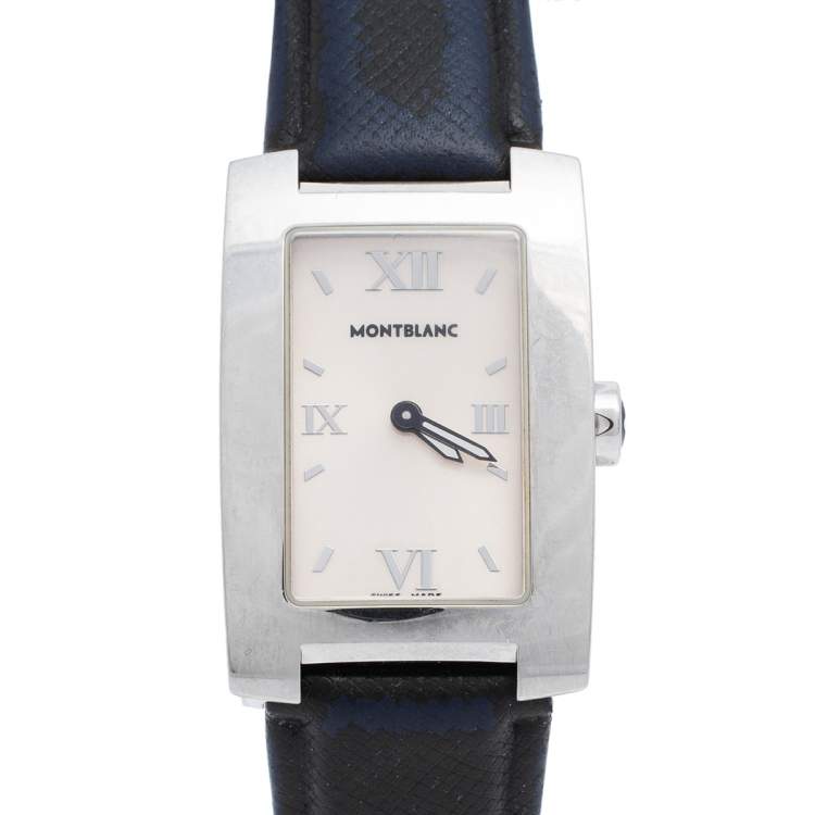Pre Owned Montblanc White Stainless Steel Leather Profile 7077 Women's Wristwatch 23 mm