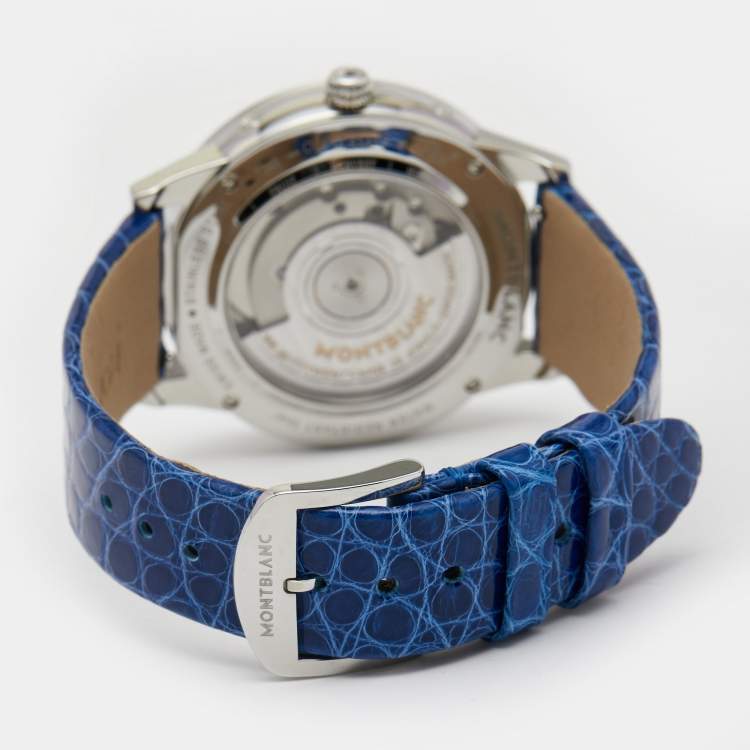Pre Owned Montblanc Blue Stainless Steel Diamond Alligator Boheme Moongarden 113826 Women's Wristwatch 36 mm