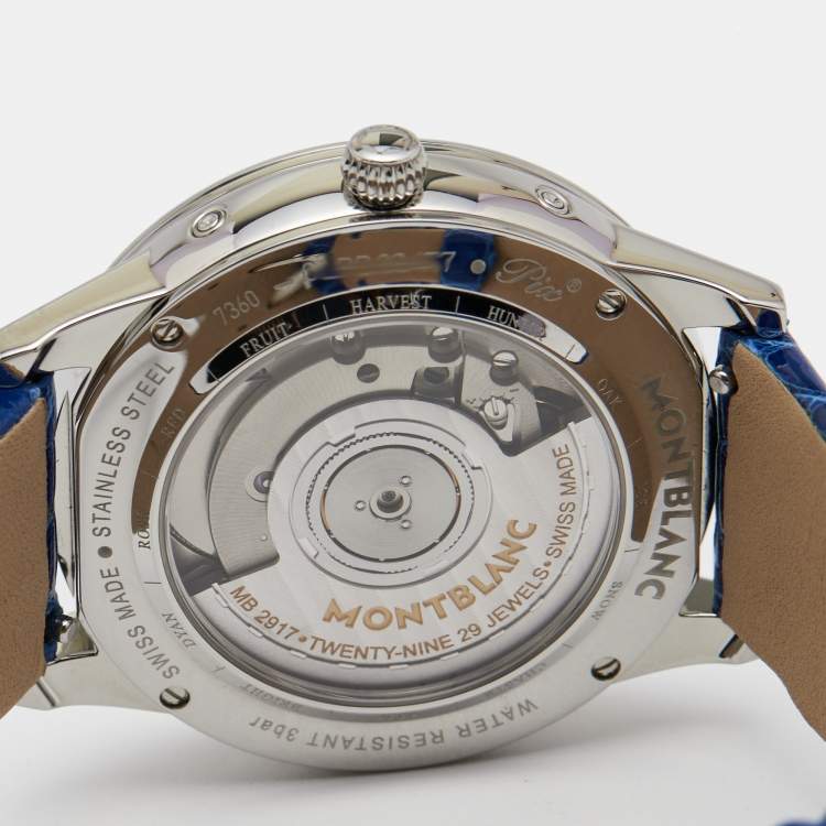Pre Owned Montblanc Blue Stainless Steel Diamond Alligator Boheme Moongarden 113826 Women's Wristwatch 36 mm