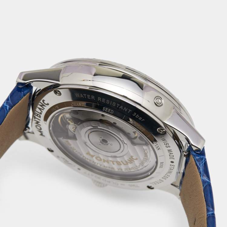 Pre Owned Montblanc Blue Stainless Steel Diamond Alligator Boheme Moongarden 113826 Women's Wristwatch 36 mm