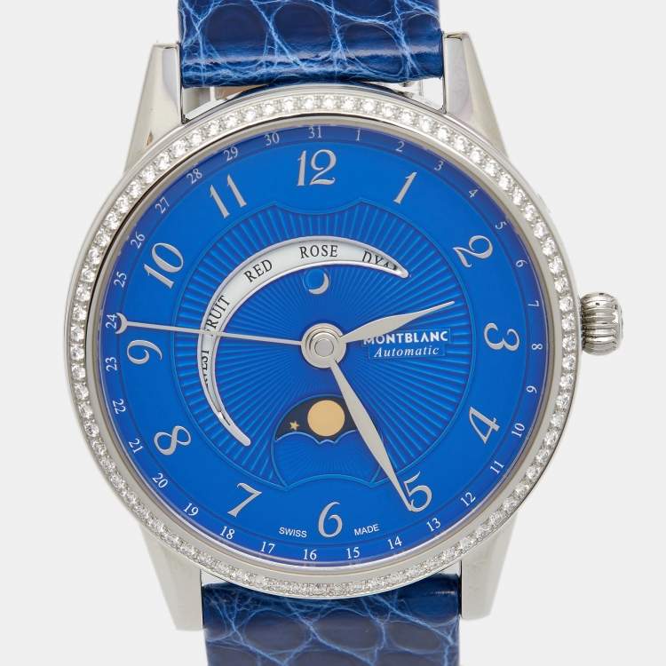 Pre Owned Montblanc Blue Stainless Steel Diamond Alligator Boheme Moongarden 113826 Women's Wristwatch 36 mm