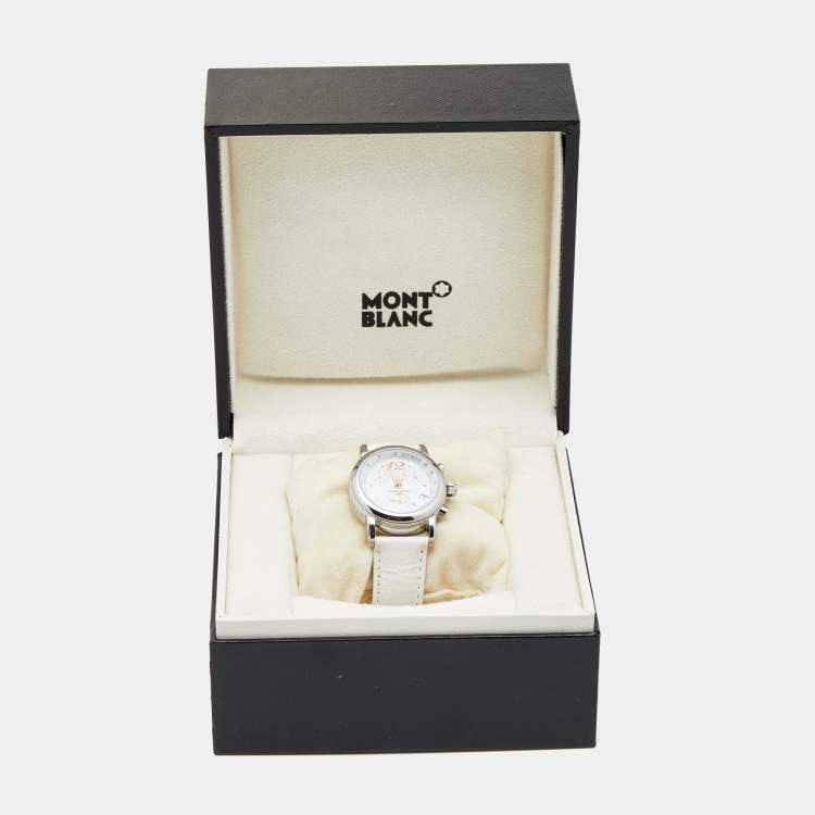 Pre Owned Montblanc White Stainless Steel Leather Mini Star 7039 Women's Wristwatch 32 mm