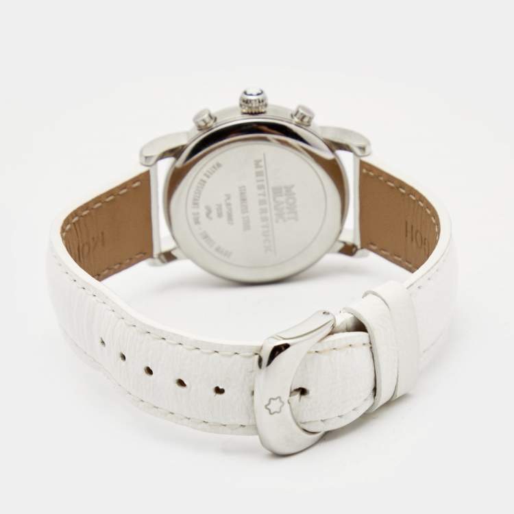 Pre Owned Montblanc White Stainless Steel Leather Mini Star 7039 Women's Wristwatch 32 mm