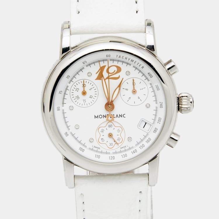 Pre Owned Montblanc White Stainless Steel Leather Mini Star 7039 Women's Wristwatch 32 mm