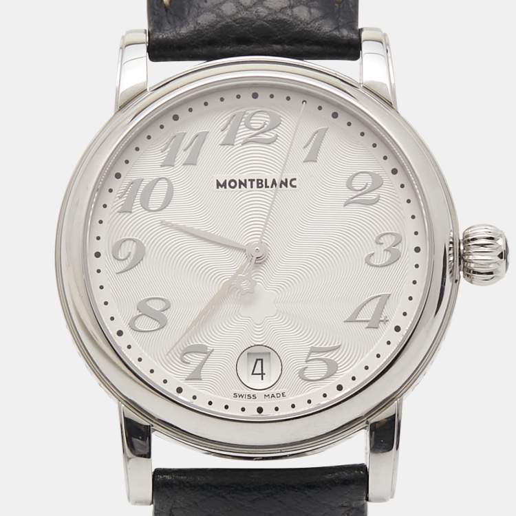 Pre Owned Montblanc Silver Stainless Steel Leather Star 7042 Women's Wristwatch 31 mm 