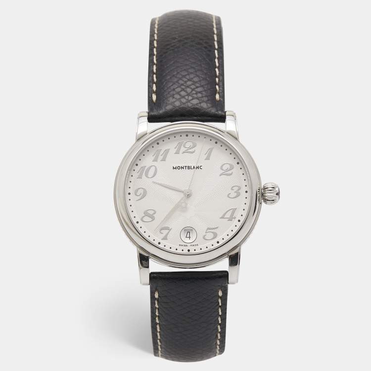 Pre Owned Montblanc Silver Stainless Steel Leather Star 7042 Women's Wristwatch 31 mm 
