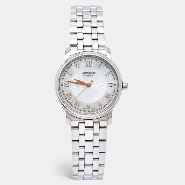 Pre Owned Montblanc Mother Of Pearl Stainless Steel Tradition 114367 Women's Wristwatch 32 mm