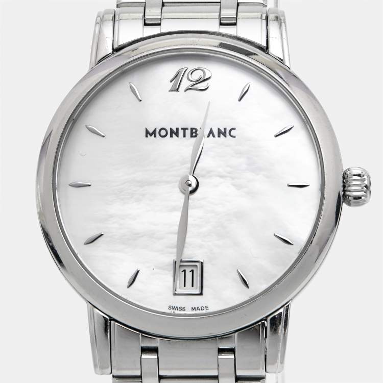 Pre Owned Montblanc White Mother Of Pearl Stainless Steel Star Classique 108764 Women's Wristwatch 34 mm
