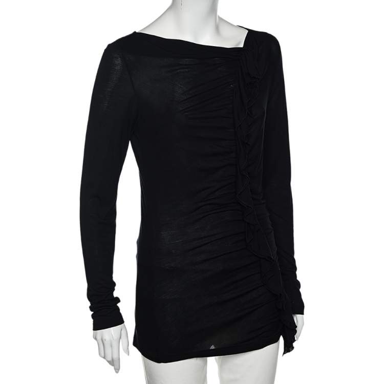 Pre Owned Moschino Cheap and Chic Black Ruffle Trimmed Long Sleeve Top M 