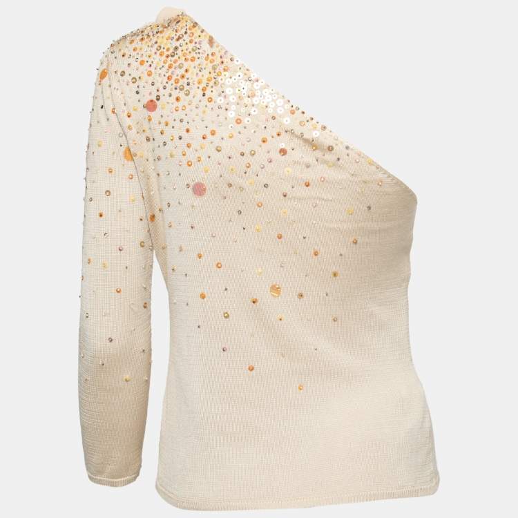 Pre Owned Moschino Cheap & Chic Beige Embellished Silk Knit One-Shoulder Top M